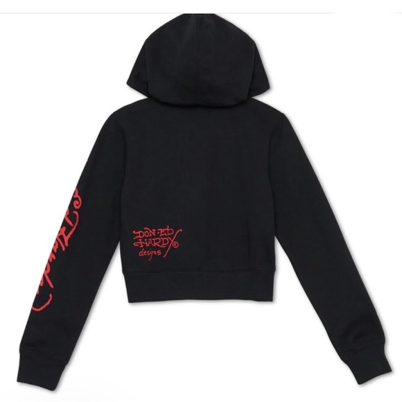 Ed Hardy black new york city Nyc Skull Cropped Hoodie size Large NWT - Picture 2 of 7